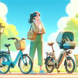 A woman in her 30s is wondering which of three types of electrically power assisted bicycles with child seats she should buy.